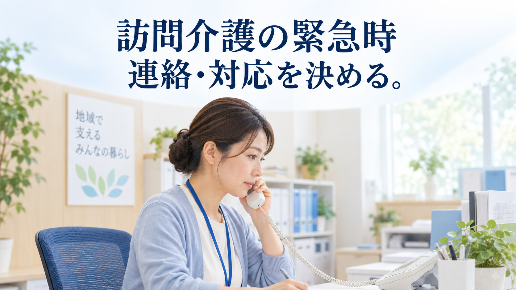 訪問介護事業所の管理者が現場からの電話連絡を受ける様子