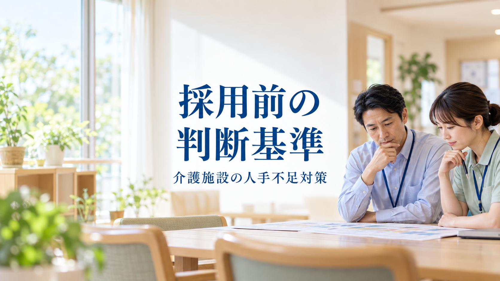 介護施設の責任者が同僚と勤務予定表を見て採用前の判断基準を話し合う様子